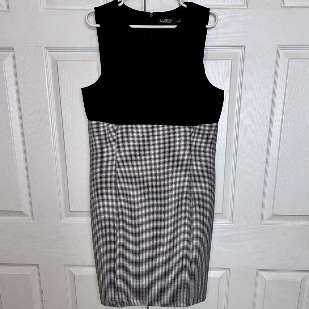 LAUREN RALPH LAUREN Black Suede Bodice Houndstooth Print Sleeveless Dress‎ Sz 16